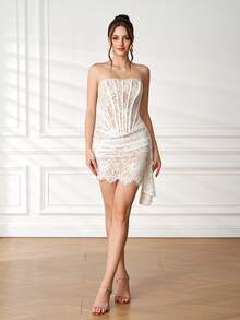 Elisanya Fashionable Sexy Elegant Short Strapless Mini Bodycon Dress, Summer Pleated Party Cocktail Dress, White Lace Backless Evening Gown - White - View 3