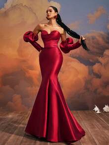 VIPGIRL elegantes burgunderrotes Off-Shoulder Maxikleid mit Puffärmeln im Meerjungfrauenschnitt, seidenes Abendkleid, Modisches Partykleid für Damen, Damen Abendkleid für festliche Anlässe - Bordeaux - Übersicht 6