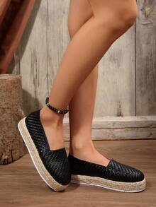 FVPFVP 新款休闲亚麻底鞋，手工时尚百搭草编亚麻布鞋，吸汗透气一脚蹬乐福鞋 - 黑色 - 查看 6