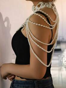 1pc Fashionable European & American Style Sexy Elegant Multi-Layer Faux Pearl Tassel Figure-8 Shoulder Chain Necklace, Suitable For Dresses And Body Accessories - STD004 - View 2
