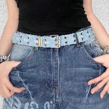 Thắt lưng denim họa tiết ngôi sao phong cách Punk dành cho nữ, với kiểu dáng denim xanh và khóa ghim, mang đến vẻ ngoài hip-hop Y2K dễ dàng phối hợp với quần jeans, là phụ kiện thắt lưng thời trang đa năng cho trang phục hàng ngày. - Nhiều màu - Xem 4