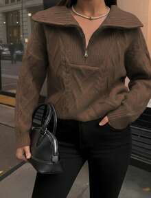 SEREN Autumn And Winter New Brown Retro Ribbed Twisted Flower Sweater Women's Loose Zipper Half Open Design Knitted Sweater Top, Suitable For Wearing When Going Out - Coffee Brown - View 2