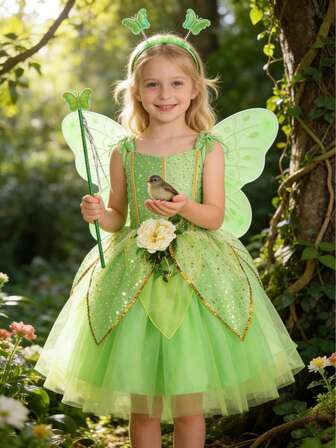 Young Girl 3D Floral Decor Mesh Patchwork Dress, Paired With Fairy Headpiece, Wand, And Wings Body Decor, Suitable For Outings, Parties, Birthday, Princess Party, Stage Performance, And Other Events