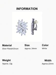 1 Pair No Ear Hole Elegant Leaf Design Cubic Zirconia Clip On Earrings, Silver Plated Non-Pierced Earrings For Women, Suitable For Wedding, Engagement, Bridal Party, Prom And Other Occasions - White - View 12