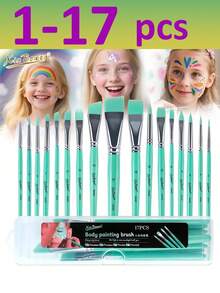 17pcs Professional Face Painting Brush Set, Nylon Bristles, Wooden Handle, Alcohol-Free, Embossed Flower Engraving, Oval Shaped, For Body & Face Artistry