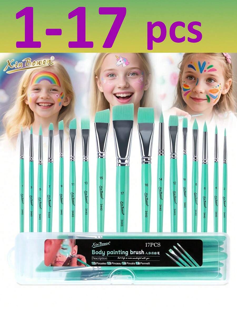 17pcs Professional Face Painting Brush Set, Nylon Bristles, Wooden Handle, Alcohol-Free, Embossed Flower Engraving, Oval Shaped, For Body & Face Artistry