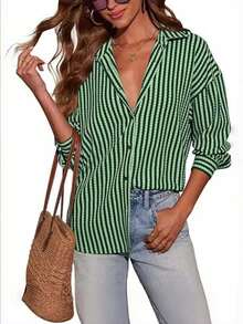 女士条纹长袖衬衫，纽扣前襟，衬衫领——适合春、秋、冬的休闲办公上衣 - 綠色 - 查看 5