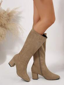 Apricot Loose Straight Shaft Boots, Side Zipper Design, Suede Classic Knee-High Boots, Chunky Heel Fashion Boots, New Autumn/Winter Slip-On Comfortable Breathable Versatile Women Knee Boots - Apricot - View 11