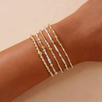 5pcs/Set Fashionable & Elegant Copper Bead Bracelet, Colorful Rice Bead Copper Bead Elastic Bracelet, Stackable Bracelet, Friendship Bracelet, Women Bracelet, Gift For Friends, Lucky Gift, Birthday Gift, Family Gift, Best Gift