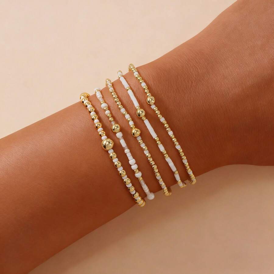 5件套时尚优雅铜珠手链，彩色米珠铜珠弹力手链，可叠戴手链，友谊手链，女士手链，送朋友的礼物，幸运礼物，生日礼物，家庭礼物，最佳礼物 - 多色5件套裝 - 查看 1