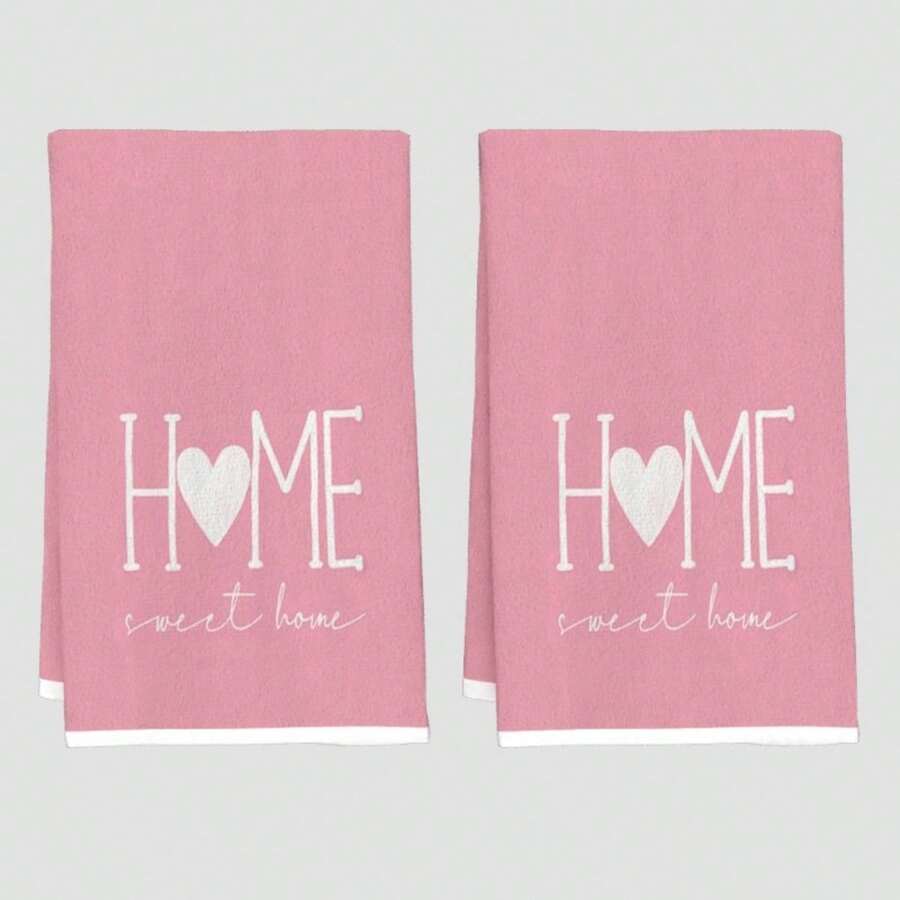 2pcs Pink Heart Print Cartoon Kitchen Towels With "HOME Sweet Home" Lettering - 16x24 Inch Soft Microfiber Reusable Dish Towels, Modern Decorative Hand Towels For Kitchen & Bathroom, Housewarming Gifts, Hand Wash Only (No Machine Washable) - Ideal F - Multicolor - View 1