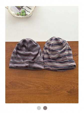 1顶复古条纹针织帽，女士保暖，轻便百搭，秋冬季