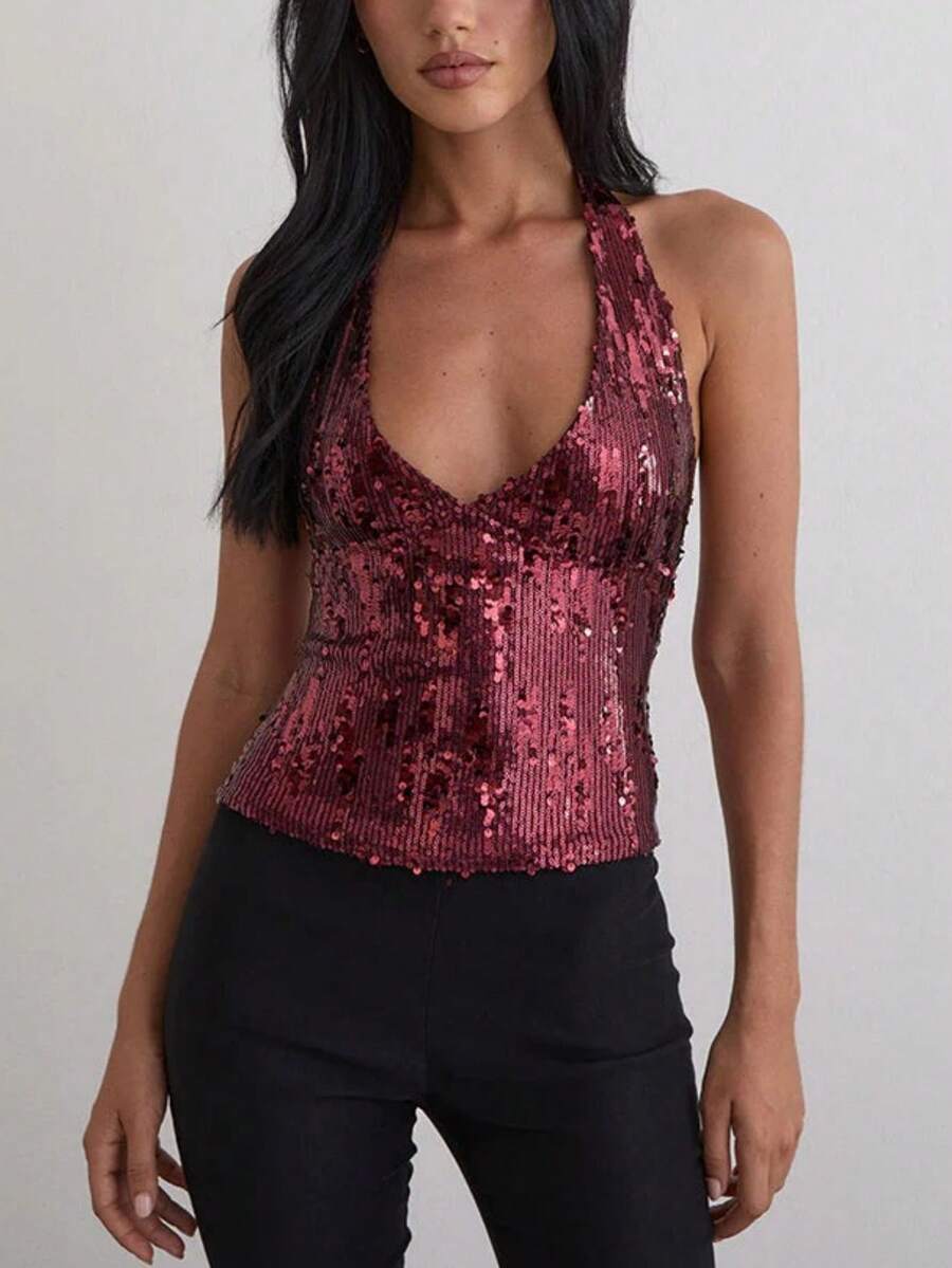 Women Sequin Halter Tank Top Y2K Sparkly Sleeveless Deep V Neck Crop Slim Fit Vest Crop Tops Summer Backless Bling Glitter Low Cut Shirts Going Out Tops Party Clubwear - 紅色 - 查看 1