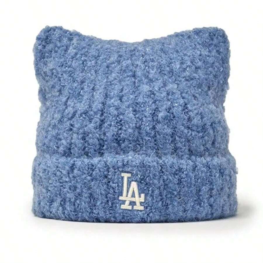 MLB Women Beanie Warm Winter Hats Embroidery Knitted Hat, Soft Knit Lazy Beanie For Women, Women Cat Beanie, Warm Cap Cute Cat Ears Knitted Hat Fall - 淺藍色 - 查看 1