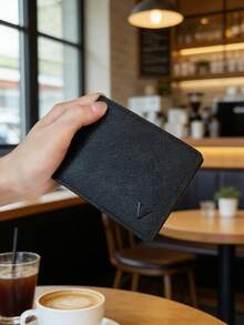 Men's Short Wallet With Dual Bill Compartments, Flip Cover Business Coin Purse, Luxury Credit Card Holder - Black - View 2