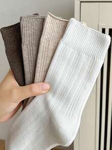 4 pares de calcetines de media caña versátiles de estilo retro de unicolor y a rayas para mujer, aptos para uso diario - Multicolor - Ver 9