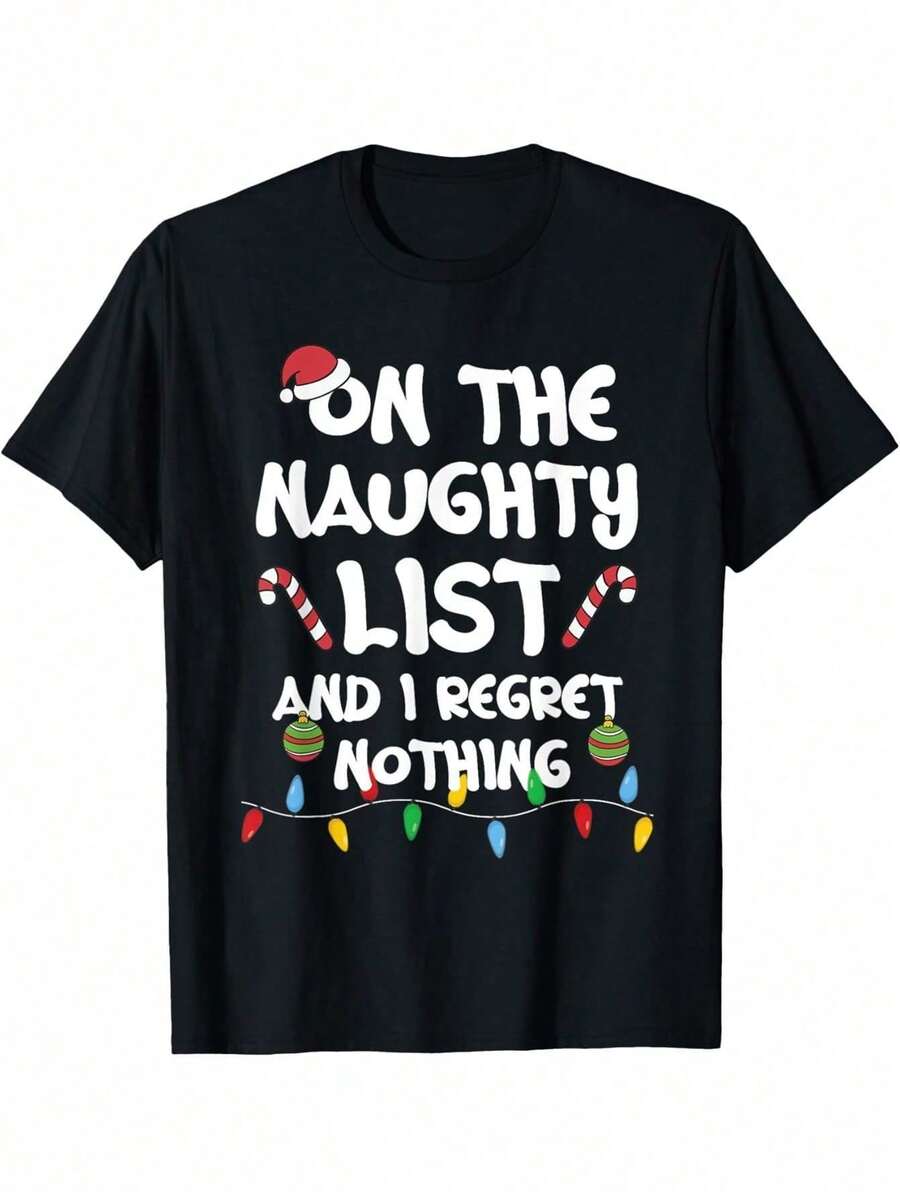 Men's Christmas Graphic T-Shirt "On The Naughty List And I Don't Regret Anything" - Plus Size Black 220G Moisture-Wicking T-Shirt With Santa Hat And Candy Cane Design, Fashionable 2025 Short Sleeve Casual T-Shirt For Christmas Parties And Humor Lovers, Christmas T-Shirts, Comfortable Fit - 黑色 - 查看 1