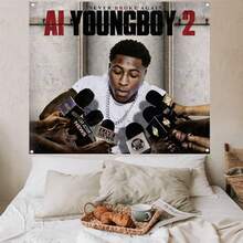 1PC Rapper Youngboy Music_ Flags Rapper Tapestry Room Decoration Aesthetic Music Album Cover Poster Wall Hanging Bedroom Concert Background Fan Gift - Black - View 2