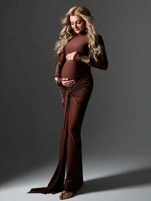 JustVH Maternity Ruched Lace-Up Bodycon High Neck Maxi Dress For Baby Shower Party Photoshoot Prop