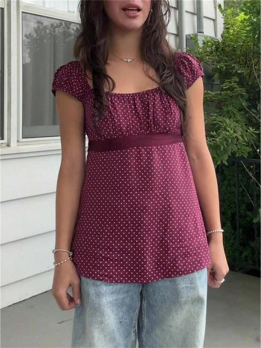 Women Fairy Grunge Y2k Babydoll Shirt Cap Sleeve Cute Polka Dot Tie Back Flowy Top Preppy Clothes - 酒紅色 - 查看 1