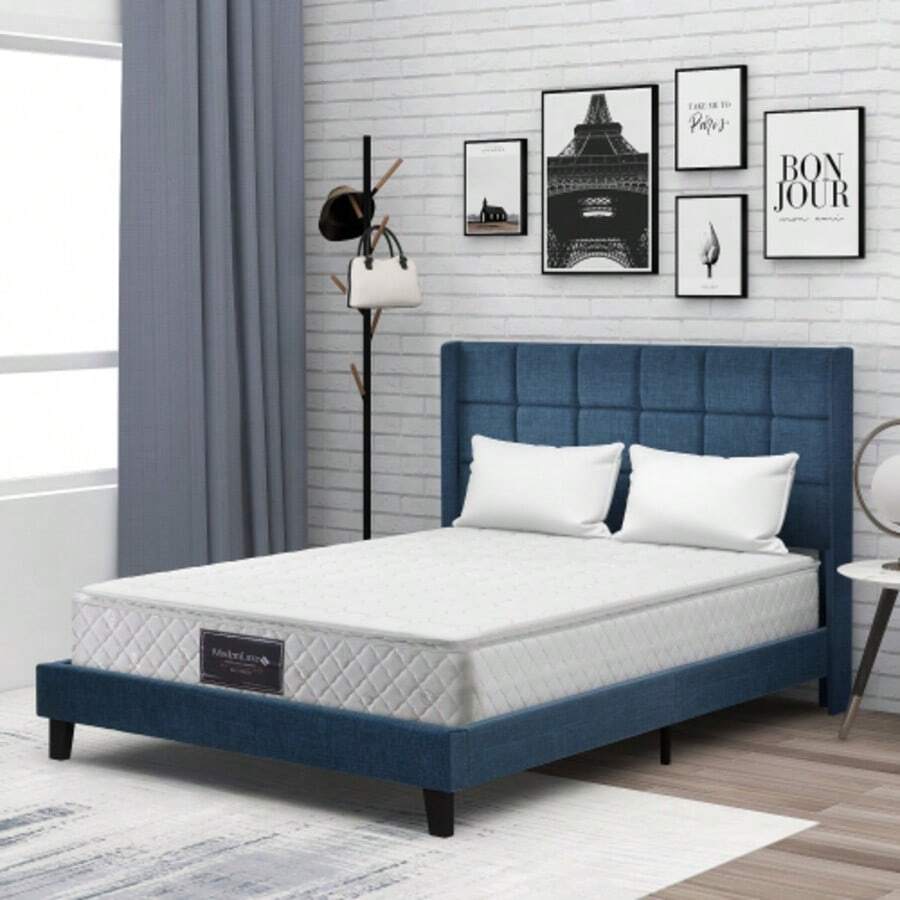 Polsterbett Mit Seinem Gepolsterten Kopfteil Doppelbett Mit Lattenrost, 140x200cm, In Blau Leinen, Mittelfest (Mit Federkernmatratze) - 藍色 - 查看 1
