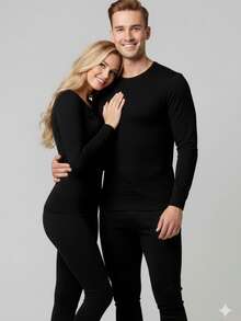 Men's Velvety Thermal Set (Plush Lining) Base Layer Clothing For Harsh Winters And Snow - Flannel T-Shirt And Pants - 黑色 - 查看 5