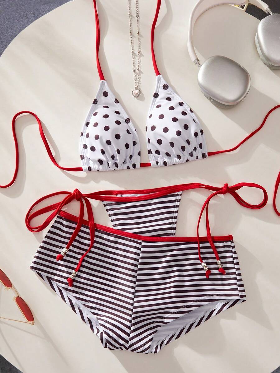 3pcs Women Swimsuit Bikini Set, Retro Brown Polka Dot Striped Beach Outfit, Swim Shorts/Cover Up/Birthday Outfit/Casual/Y2K/2000s/Y2K Style/Elegant/Old Money/Streetwear/Holiday