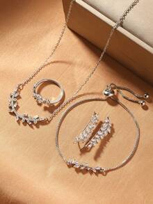 5 件套时尚简约花卉和叶子锆石首饰套装、项链、手链、戒指、耳环，适合派对、礼物和日常佩戴