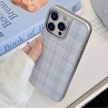 DECOPHONE 1个格子图案韩式时尚树脂电镀银边手机壳，兼容苹果/安卓系统，简约复古经典防水防震防摔防刮花 - 藍色 - 查看 6