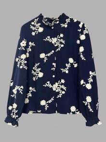 女士春夏刺绣衬衫，时尚优雅休闲宽松长袖立领开衫，奢华刺绣衬衫，适合日常、通勤、度假等场合，百搭实用 - 寶藍色 - 查看 4