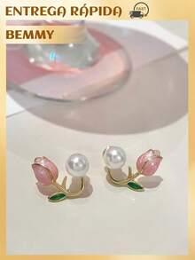 BEMMY Elegant Pearl Earrings With Tulip Flower, Suitable For Women To Wear Daily And At Parties. - 粉色 - 查看 10