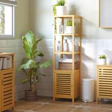 Bathroom Cabinet With 3 Open Compartments Made Of Bamboo, Toilet Cabinet Natural 36x33x140cm For Optimal Storage