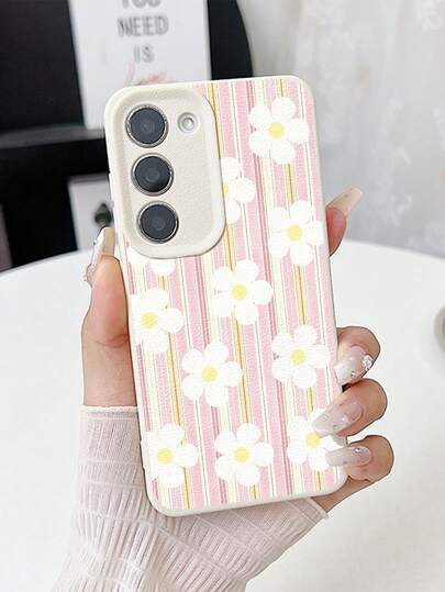 1pc Fashionable Minimalist Fresh Striped White Floral Waterproof Anti-Fall Anti-Slip Litchi Texture Soft Phone Case, Suitable As Birthday, Holiday Gift For Friends, Family, Couples, Fits And Phones