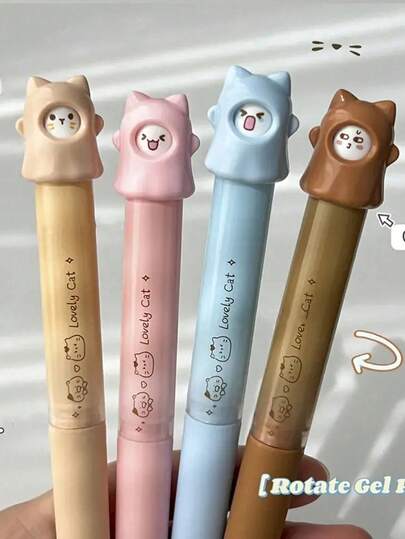 4支装创意猫咪旋转中性笔，0.5mm黑色墨水圆珠笔，旋转图案办公用品小礼品，可爱中性笔，女士时尚笔，学生文具，趣味设计笔，趣味文具，舒适握感，细笔尖，多图案笔，旋转出墨笔，学生礼物，文具爱好者