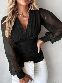 ChicMe 亮片网纱灯笼袖V领褶皱腰部休闲衬衫 - 黑色 - 查看 5
