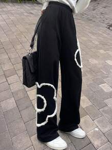 Rikumo Floral Pattern Wide Leg Sweatpants Winter - Black - View 1