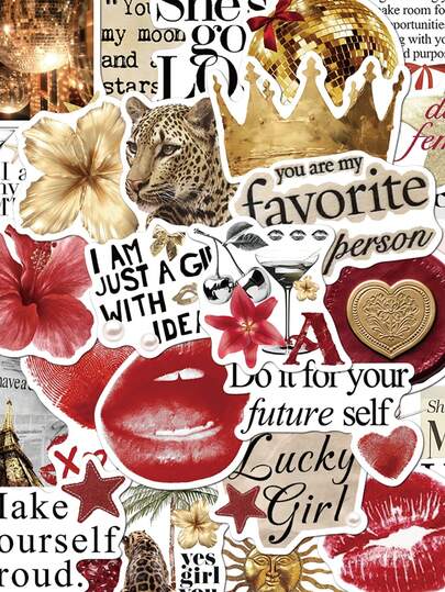 50 Stück goldene & rote Glücksmädchen Aufkleber für Tagebuch, Notizbuch, Handyhülle, Gepäck, Gitarre Dekoration