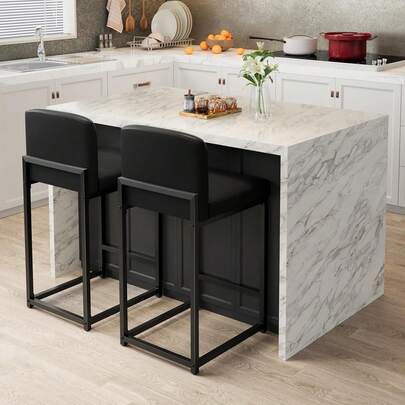 Belect Bar Stools Set Of 2, Modern Upholstered Barstools With Backs, Counter Height Bar Stool Chairs For Kitchen Island, Dining Room, Metal Legs & Faux Leather,  Counter Stools