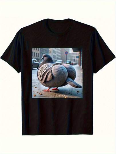 Funny Brainrot Pigeon Level 1 Gyatt Gen Z Meme T-Shirt - Black Casual Tee With Humorous Pigeon Graphic, Round Neck, Lightweight & Breathable For Spring/Summer/Fall, Perfect For Outdoor Activities & Casual Attire, Humorous Clothing| Playful Graphic Tee| Comfortable Fit