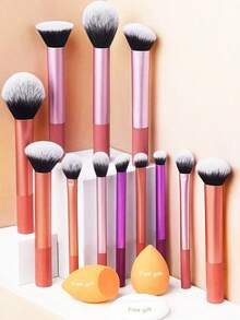 12pcs Multi-Functional Makeup Brush Set Including Powder Brush, Blush Brush, Foundation Brush, Eyeshadow Brush, Blending Brush, Contour Brush, Along With An Oblique Cut Makeup Sponge, Rounded Makeup Sponge, And White Powder Puff,Summer Style, Back To School - 彩色 - 查看 12