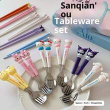 3pcs Stainless Steel Cutlery Set (Knife, Fork, Chopsticks) With Storage Box, Featuring Cute Kuromi, My Melody And Cinnamon Roll Designs By Sanrio Hello Kitty. Suitable For Family Dining, Picnics, School Supplies, Lunch Box Accessories, Office Supplies. Includes Chopsticks, Spoon And Fork. Perfect Gift (Official Licensed Product). Adorable Cartoon Stainless Steel Portable Cutlery Set, Suitable For Children, Students And Outdoor Travel.
