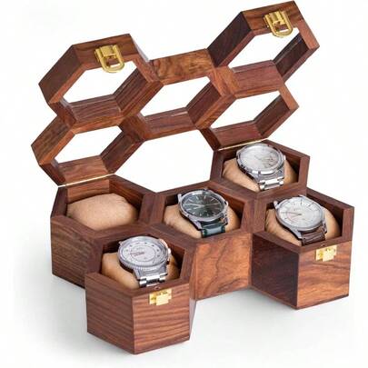 Menu2019s Watch Box Organizer U2013 Dark Rosewood Display Case With Glass Lid, Stylish Travel Watch Storage, Him 5 Slot