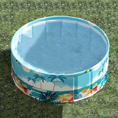Durable PVC Tropical Family Fun Round Swimming Pool | Foldable, No Inflation Needed, Great For Backyard Parties And Indoor Games, Blue Palm Tree Design, Leisure Swimming Pool | Summer Vibe Swimming Pool, Floating Buoy