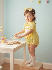 Baby Girl Easter Outfits Set , Chick Embroidery Short Sleeve Romper with Headband  Newborn Spring Photo Dress - Amarillo - Ver 7