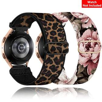 2-pack leopardmönstrade och blommiga nylonarmband kompatibla med Galaxy Watch 7 band 40 mm 44 mm, mjuka silikonarmband med snabbkoppling för Galaxy Watch FE 40 mm/Galaxy Watch 6/6 Classic 5 4 band 40 mm 44 mm, 20 mm klockarmband med nabbar för kvinnor och män