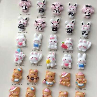 60/30件兔子和熊美甲装饰品，2025新款可爱动物混合套装，包含粉色兔子，树脂美甲装饰，适用于按压式美甲贴片
