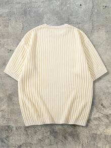 Men's Vertical Ribbed Knit Sweater, Crew Neck Short Sleeve Loose Fit American Minimalist Solid Color Knit T-Shirt, Spring Summer Versatile Casual Base Layer - Apricot - View 7