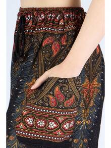 Women's Harem Pants - Boho Elephant High-Waisted Hippie Pants With Pockets Yoga, 2025 Style FWN8 - 深藍色孔雀花 - 查看 6