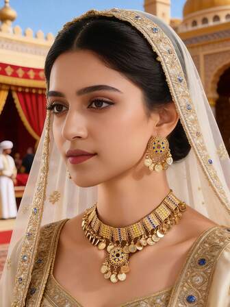 3pcs/Set Gorgeous Middle Eastern Style Coin Pendant Gold-Plated Jewelry Set Including Necklace And Earrings Jewelry For Weddings Or Festival,Women's Daily Wear