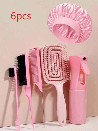 6Pack Hair Loop Tool Set With 2Pcs French Braid Tool Loop, Leather Sheath Cutter, Teasing Hair Brush Rat Tail Comb Edge Brush For Edge & Back Brushing, Combing, Slicking Hair For Women For Hair Styling